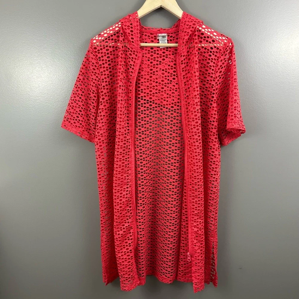 Cover Me Swim Hooded Mesh Zip Up Pink Swim Cover Size Medium - Picture 3 of 9